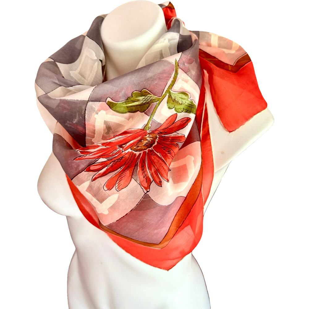 Vintage Pure Silk Hand Rolled Scarf Red Gerbera Daisy Harlequin Print 35" - Picture 3 of 11